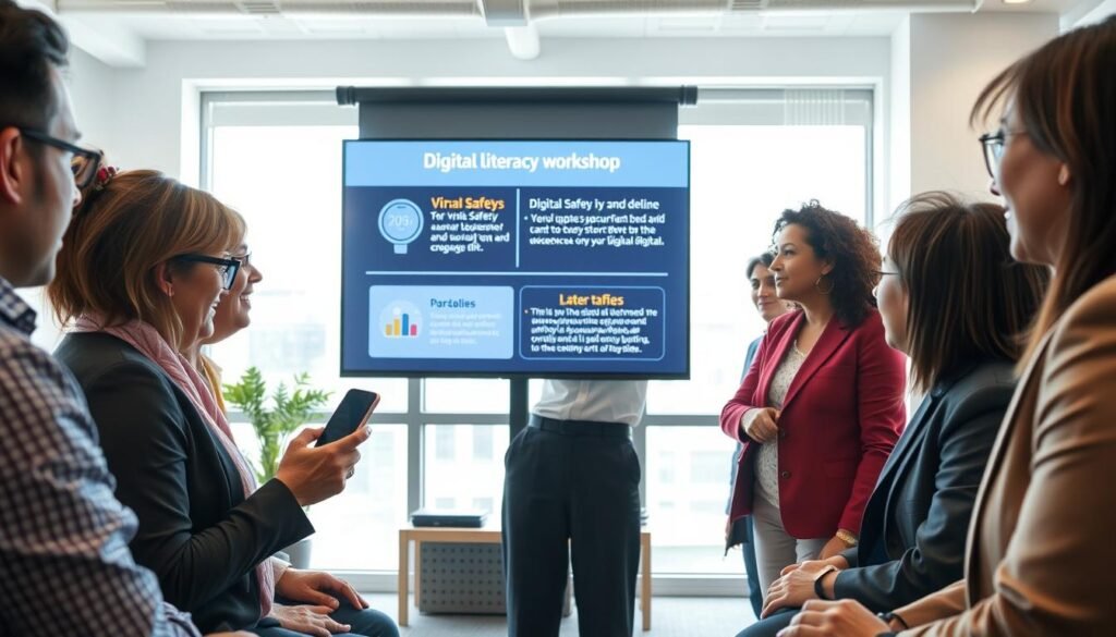 A modern office space filled with diverse individuals engaging in a digital literacy workshop. In the foreground, a middle-aged woman in professional attire is demonstrating how to use a smartphone, surrounded by attentive participants of various ages, including a young man in casual attire and an elderly woman in smart business clothing. The middle ground features a large screen displaying digital safety tips and graphics about viral apps and their dangers, illuminated by soft, warm lighting. In the background, a large window allows natural light to pour in, creating an inviting atmosphere. The overall mood is educational and supportive, emphasizing collaboration and learning about digital safety. The image should not include any text or logos.