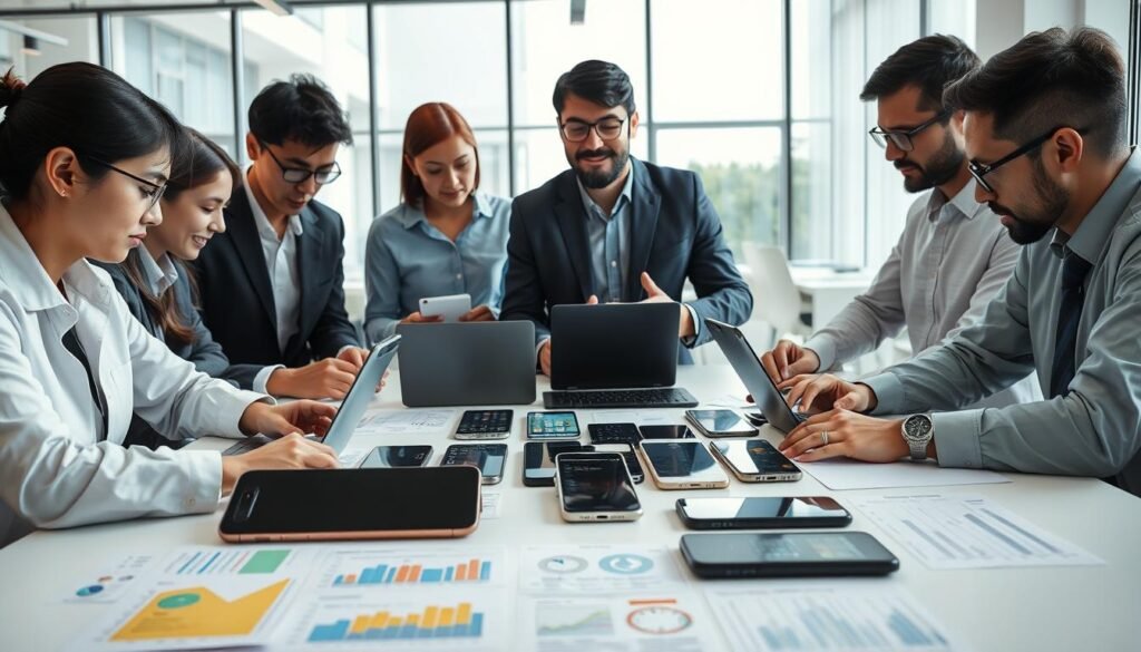A professional research setting depicting a meticulous analysis of mobile applications. In the foreground, a diverse group of researchers, dressed in business attire, is intensely focused on their laptops, reviewing and comparing interface designs of various system applications. In the middle, an organized table displays a variety of smartphones, both Samsung and Pixel, surrounded by charts, graphs, and notes depicting bloatware usage and functionality characteristics. The background features a bright, modern office space with large windows allowing natural light to illuminate the scene, enhancing a sense of collaboration and innovation. The overall atmosphere is one of rigorous investigation and professionalism, emphasizing the importance of methodical analysis in technology research.