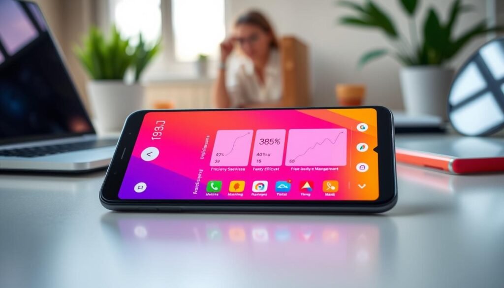 A sleek, modern smartphone screen displaying a vibrant and colorful interface showcasing Android memory management features. In the foreground, the phone is positioned on a clean, minimalistic desk with a laptop and some stationery items. In the middle, the screen is illuminated with bright app icons related to efficiency and memory optimization, with charts and statistics displayed in an easy-to-understand format. The background features a soft focus of a cozy workspace, with natural light streaming through a window, creating a warm and productive atmosphere. The scene conveys a sense of innovation and efficiency, highlighting the hidden features available for better memory management in Android devices.