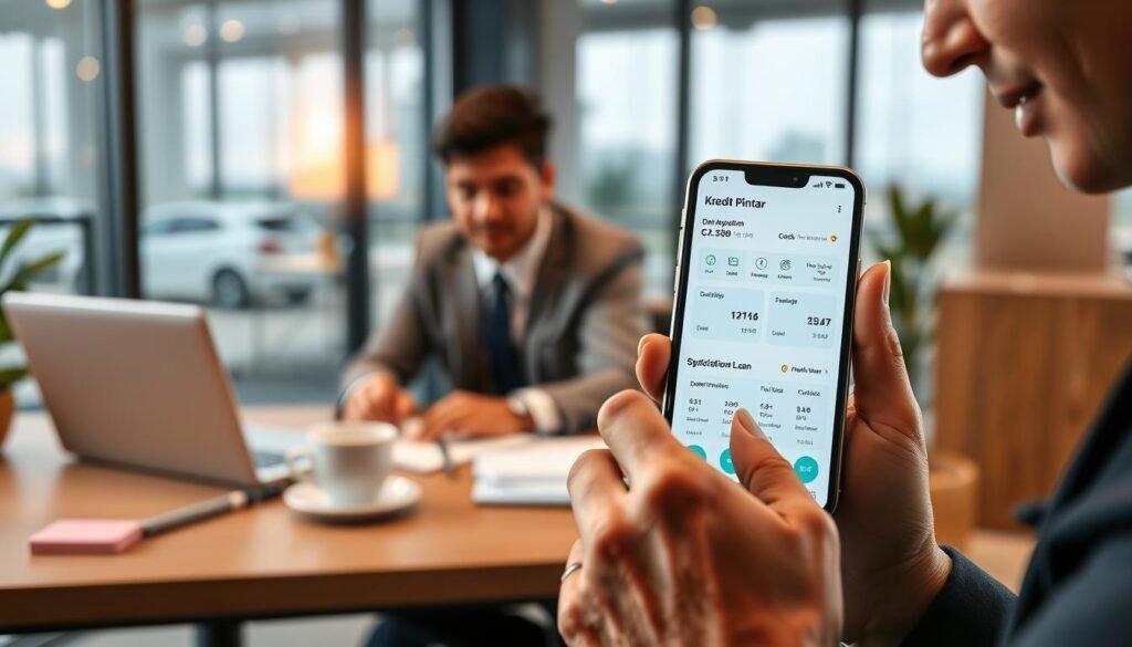 A sleek smartphone displaying the "Kredit Pintar" loan application interface, prominently featuring a clean and modern design with loan-related visuals like charts and transaction summaries. In the foreground, a professional-looking person in business attire is interacting with the app, their expression focused and engaged. In the middle ground, a subtle workspace ambiance showcases a well-organized desk with a laptop, a notepad, and a stylish coffee mug, reflecting a productive environment. The background hints at a contemporary office setting, softly blurred, with warm, inviting lighting to evoke a sense of trust and reliability. The overall mood is professional and optimistic, emphasizing the secure nature of fintech loans while keeping the focus on the digital application experience.