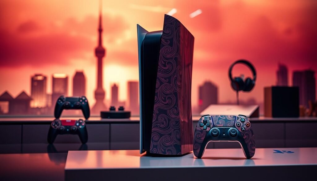 A striking visually vibrant image of a Limited Edition PS5 console, showcasing its unique design with intricate patterns inspired by Indonesian culture. In the foreground, the PS5 is elegantly displayed on a sleek, modern gaming shelf, highlighting its glossy finish and distinctive limited-edition artwork. The middle ground features gaming accessories like controllers and a stylish headset, harmonizing with the console's color palette. In the background, blurred silhouettes of urban landscapes typical of Indonesian cities create a dynamic atmosphere. Soft, warm lighting casts a luxurious glow over the scene, suggesting exclusivity and desirability. The angle is slightly elevated, focusing on the console, inviting the viewer into the world of high-end gaming culture in Indonesia. A striking visually vibrant image of a Limited Edition PS5 console, showcasing its unique design with intricate patterns inspired by Indonesian culture. In the foreground, the PS5 is elegantly displayed on a sleek, modern gaming shelf, highlighting its glossy finish and distinctive limited-edition artwork. The middle ground features gaming accessories like controllers and a stylish headset, harmonizing with the console's color palette. In the background, blurred silhouettes of urban landscapes typical of Indonesian cities create a dynamic atmosphere. Soft, warm lighting casts a luxurious glow over the scene, suggesting exclusivity and desirability. The angle is slightly elevated, focusing on the console, inviting the viewer into the world of high-end gaming culture in Indonesia.