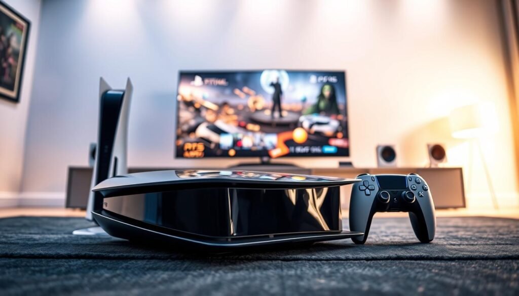 A visually striking limited edition PlayStation 5 celebrating its 30th anniversary, prominently displayed in the foreground. The console features a sleek, glossy black finish adorned with intricate silver and gold accents, embodying a futuristic design. In the middle ground, a stylish gaming setup is showcased, complete with a high-resolution TV displaying vibrant gameplay visuals that suggest an immersive gaming experience. The background features soft ambient lighting that enhances the luxurious feel of the scene, casting gentle reflections on the console. A subtle bokeh effect creates a sense of depth, while the overall atmosphere conveys excitement and nostalgia, perfect for collectors. The image is captured from a low angle to emphasize the grandeur of the console, with the lighting highlighting its details beautifully. A visually striking limited edition PlayStation 5 celebrating its 30th anniversary, prominently displayed in the foreground. The console features a sleek, glossy black finish adorned with intricate silver and gold accents, embodying a futuristic design. In the middle ground, a stylish gaming setup is showcased, complete with a high-resolution TV displaying vibrant gameplay visuals that suggest an immersive gaming experience. The background features soft ambient lighting that enhances the luxurious feel of the scene, casting gentle reflections on the console. A subtle bokeh effect creates a sense of depth, while the overall atmosphere conveys excitement and nostalgia, perfect for collectors. The image is captured from a low angle to emphasize the grandeur of the console, with the lighting highlighting its details beautifully.