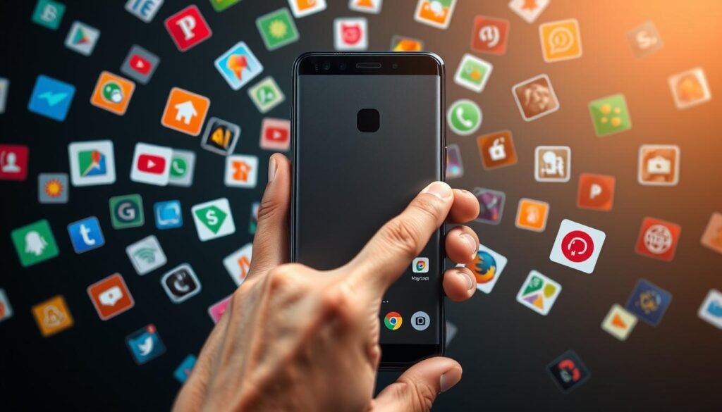 Gambar seseorang mengetuk belakang HP Android dengan ikon-ikon aplikasi yang muncul di sekitarnya