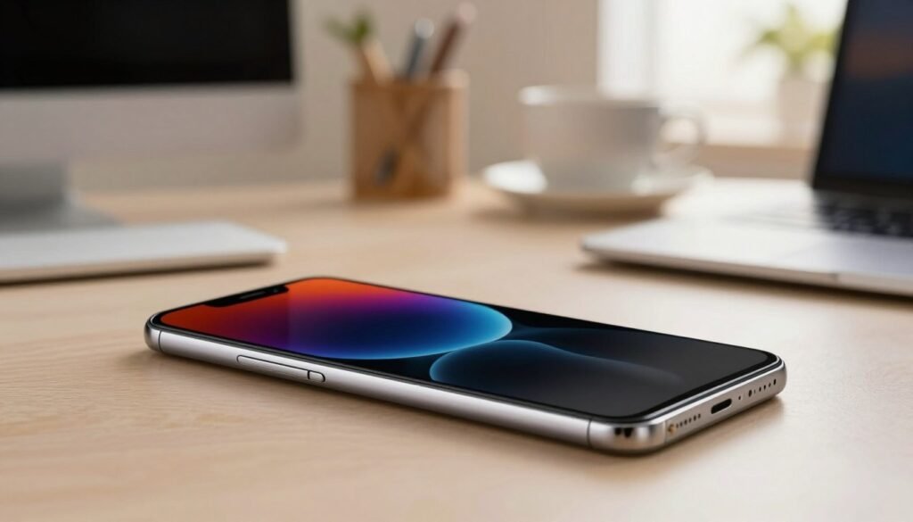 A premium smartphone design featuring a sleek AMOLED display in the foreground, showcasing vibrant colors and deep blacks. The phone is elegantly curved, with a polished metal frame and a minimalist aesthetic. Include reflections on the screen to highlight its premium glass finish. In the middle ground, place a soft-focus background of a modern workspace, with warm, natural lighting that creates a cozy atmosphere. Light glimmers gently off the phone, emphasizing its sophisticated design. Set the scene with a slight vignette to draw attention to the smartphone, while keeping the overall tone professional and inviting, suitable for a tech review article.