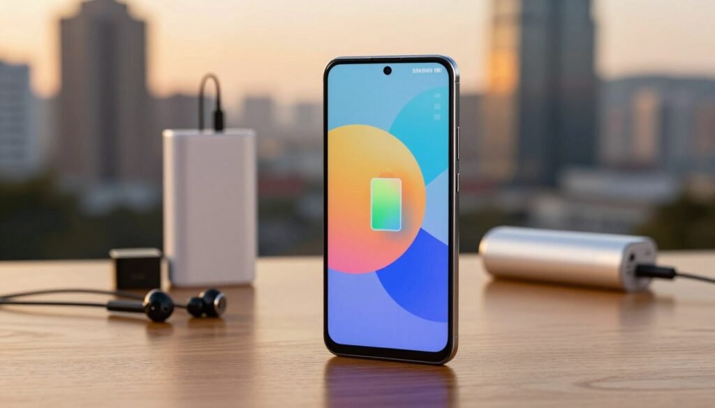 A sleek mid-range Samsung smartphone prominently displayed in the foreground, showcasing its modern design with a vibrant display and robust battery level icon. The device is set on a polished wooden surface, with subtle reflections enhancing its aesthetic. In the middle ground, various tech accessories such as earphones and a portable charger are elegantly arranged, emphasizing the theme of power and connectivity. The background features a softly blurred cityscape, suggesting a tech-savvy urban environment, bathed in warm, golden-hour lighting to create an inviting mood. The scene evokes a sense of reliability and sophistication, perfect for highlighting mid-range options for 2026. Use a camera angle that focuses directly on the smartphone to draw attention to its features.